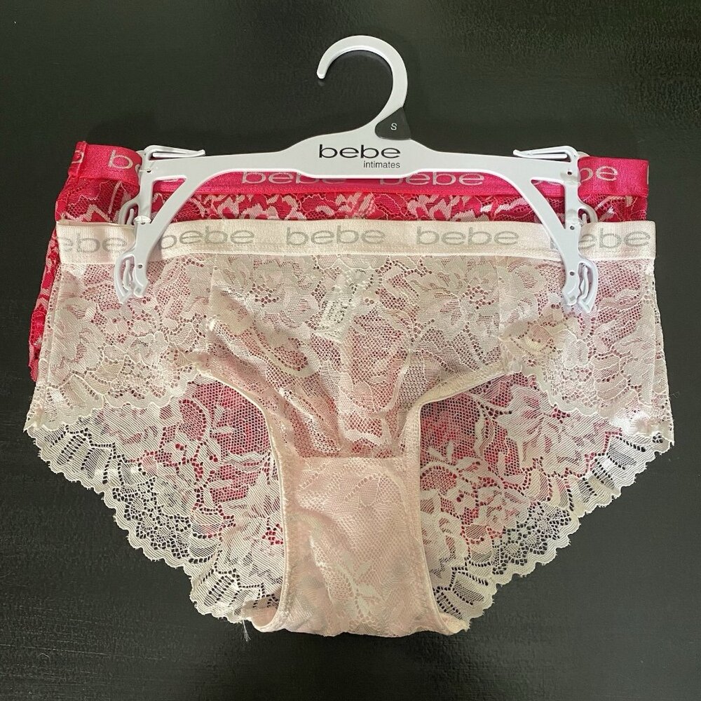BEBE Lace Panties 2 Pack Women's Small Logo Hipster Light Blush Pink Hot Pink